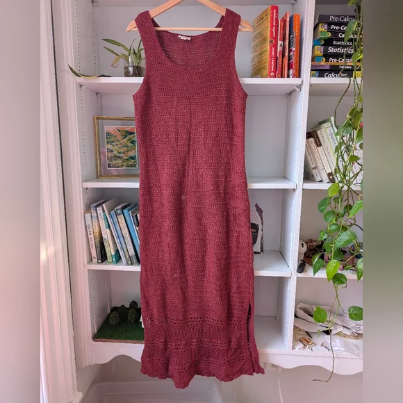 Ana Women's Crochet Maxi Dress Burgundy Knit Sz Medium Boho Cottagecore Festival - Picture 10 of 10